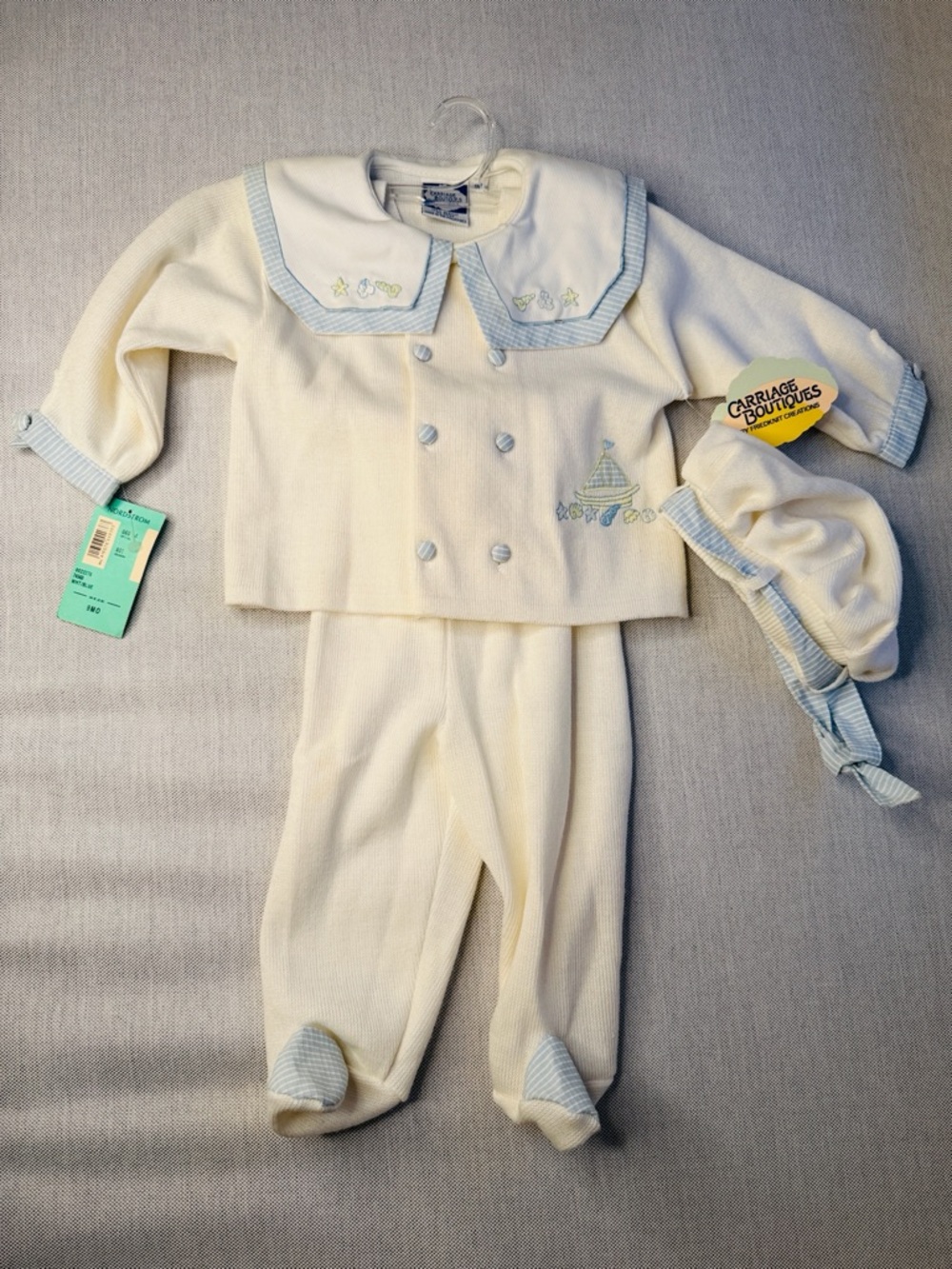 Carriage Boutique White Baby Boy Sailboat Knit Set with Light Blue Trim